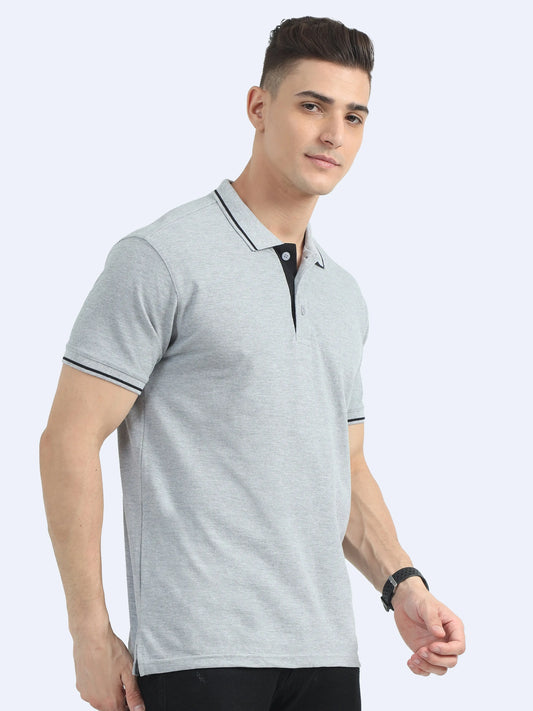 Man wearing light grey polo t-shirt with black trim, ideal for corporate and promotional wear