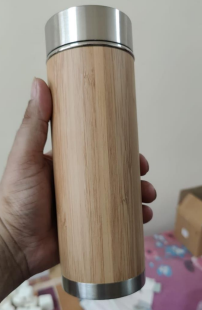Bamboo Steel Insulated Water Bottle Flask with Steel Base - 450 ml