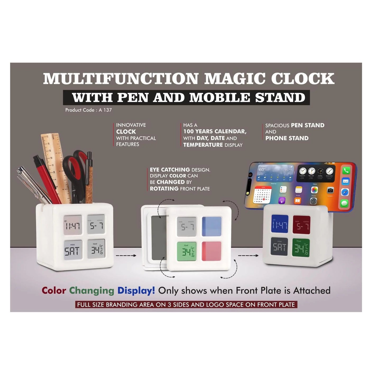 Multifunction Magic Table Clock with Tumbler | Color Changing Display | Spacious Pen Stand with Phone stand A - 137 MARSH Corporate gifts