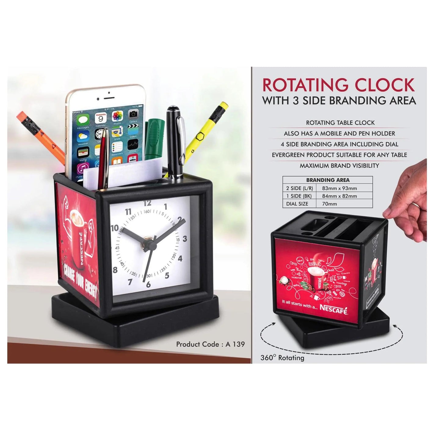 Rotating clock with 3 side branding area | Has pen stand & large stationery holder A - 139 MARSH Corporate gifts