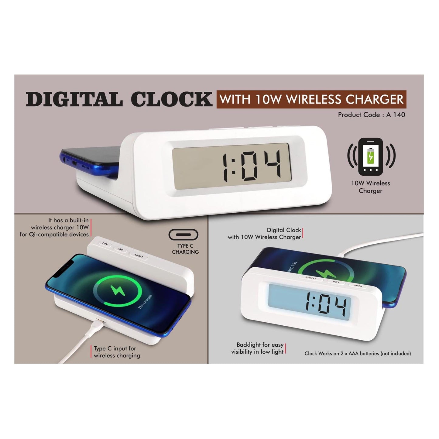 Digital Clock with 10W Wireless Charger | Type C input for charger - A 140 MARSH Corporate gifts