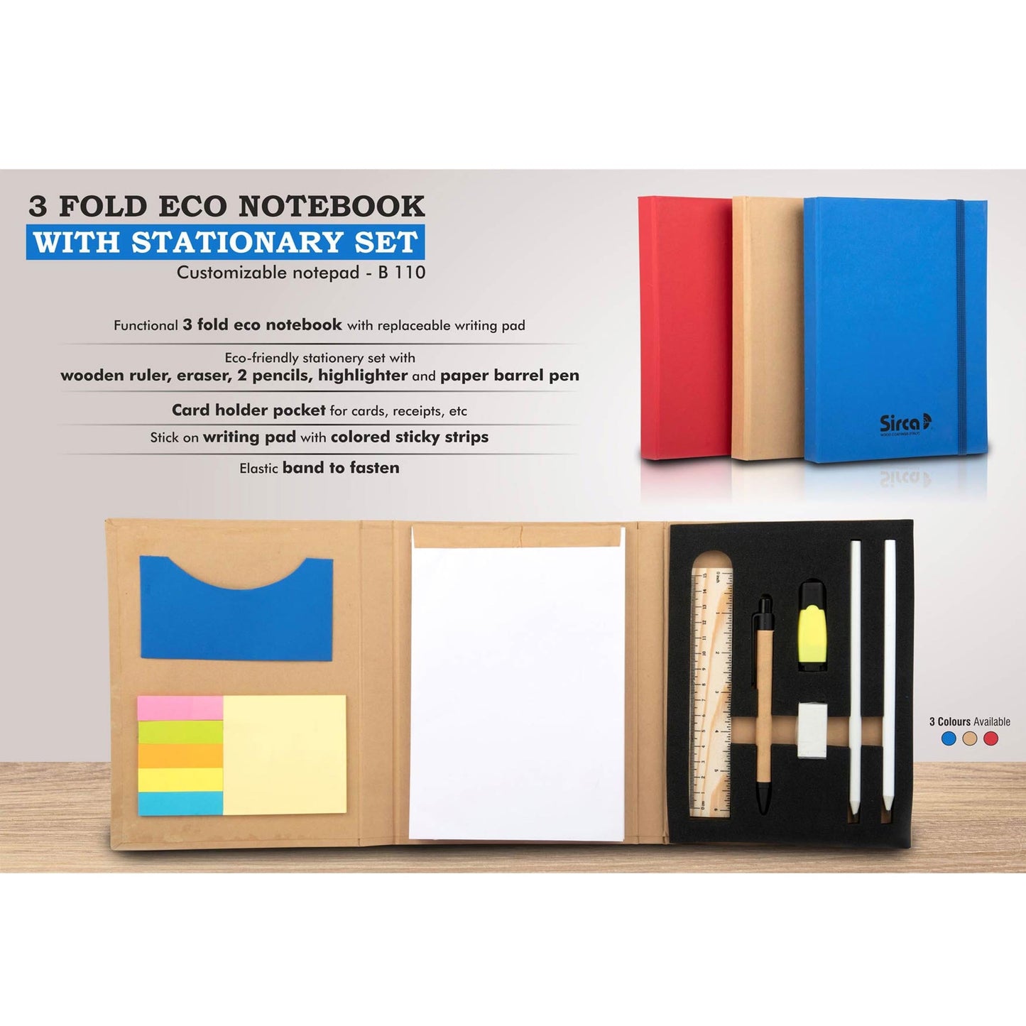 3 fold Eco Notebook with stationary set | Customizable notepad - B 110 MARSH Corporate gifts