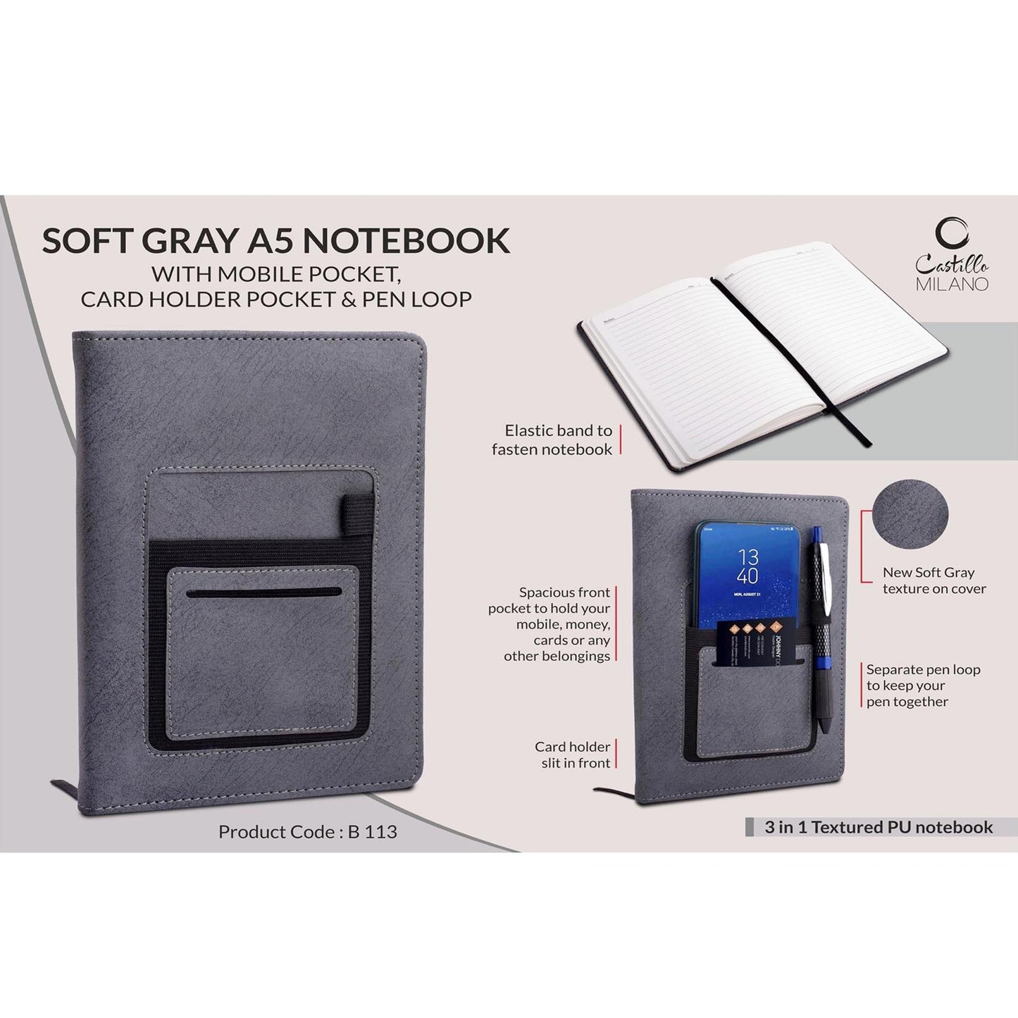 Soft Gray A5 notebook with mobile pocket, card holder pocket & pen loop by Castillo Milano - B 113 MARSH Corporate gifts