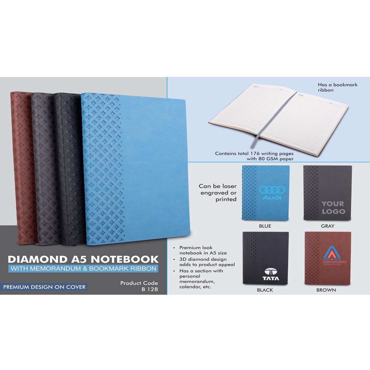 Diamond A5 notebook with memorandum & Bookmark ribbon - B 128 MARSH Corporate gifts