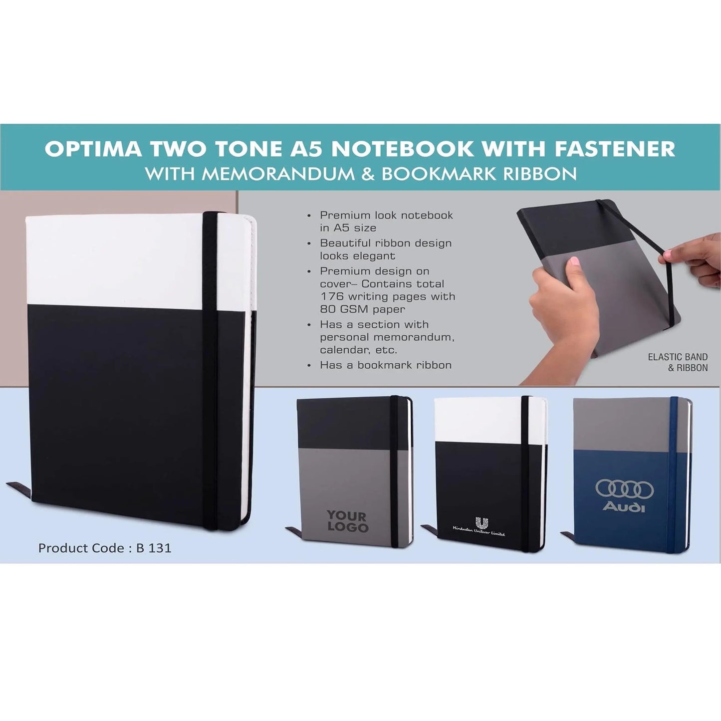 Optima Two tone A5 notebook with Fastener | With memorandum & Bookmark ribbon - B 131 MARSH Corporate gifts