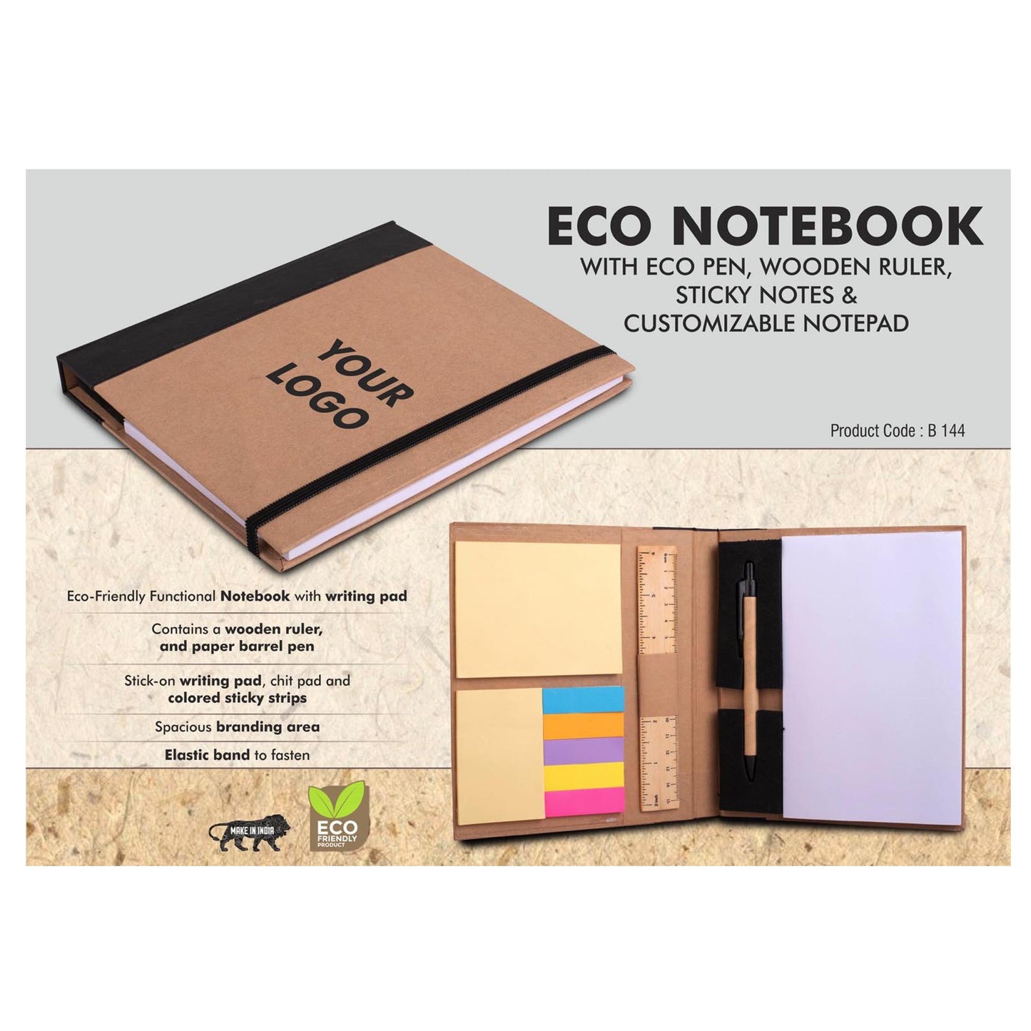 Eco Notebook with Eco Pen, Wooden Ruler and Sticky notes | Customizable notepad - B 144 MARSH Corporate gifts