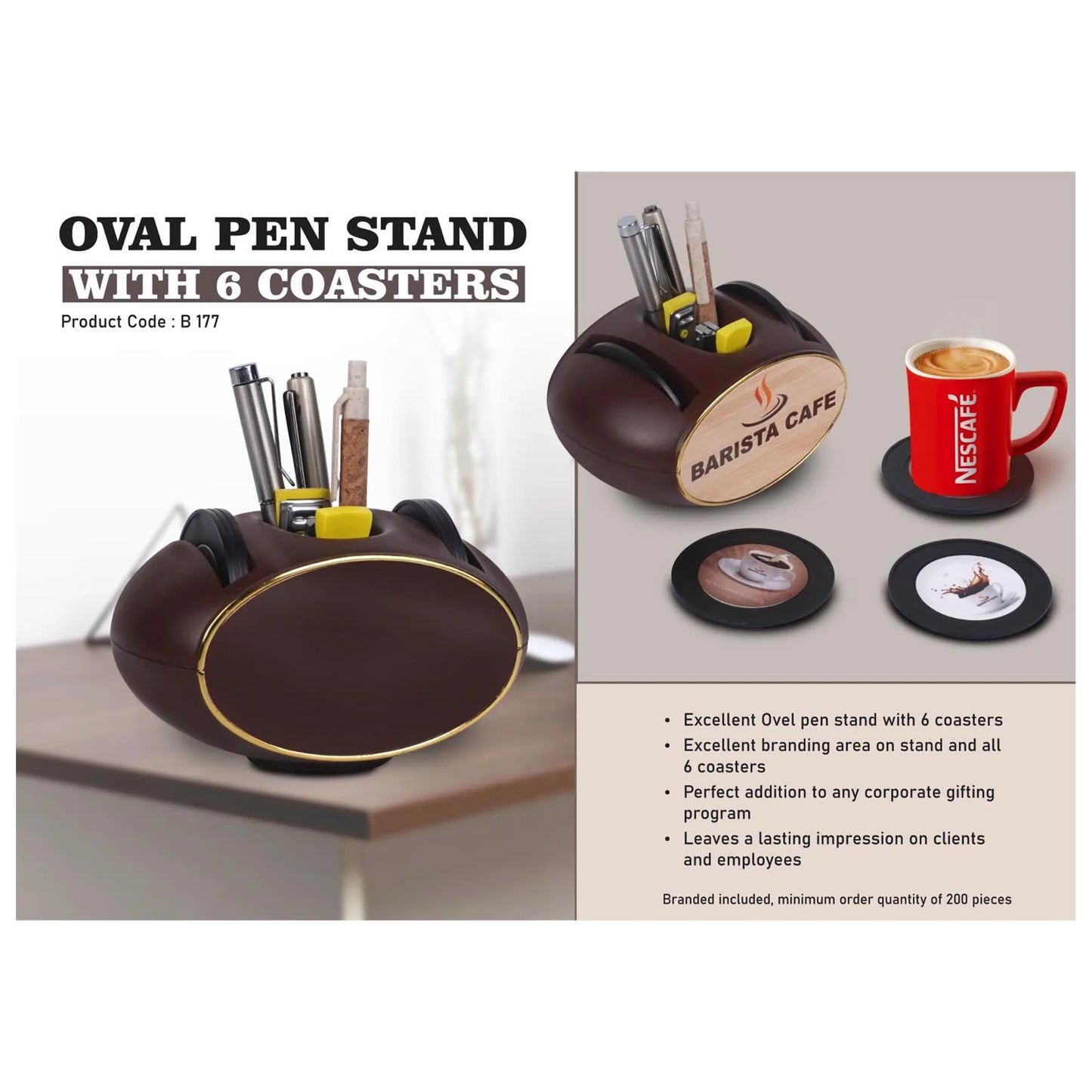 Oval Pen stand with 6 coasters | Branding included MOQ 200 pc - B 177 MARSH Corporate gifts