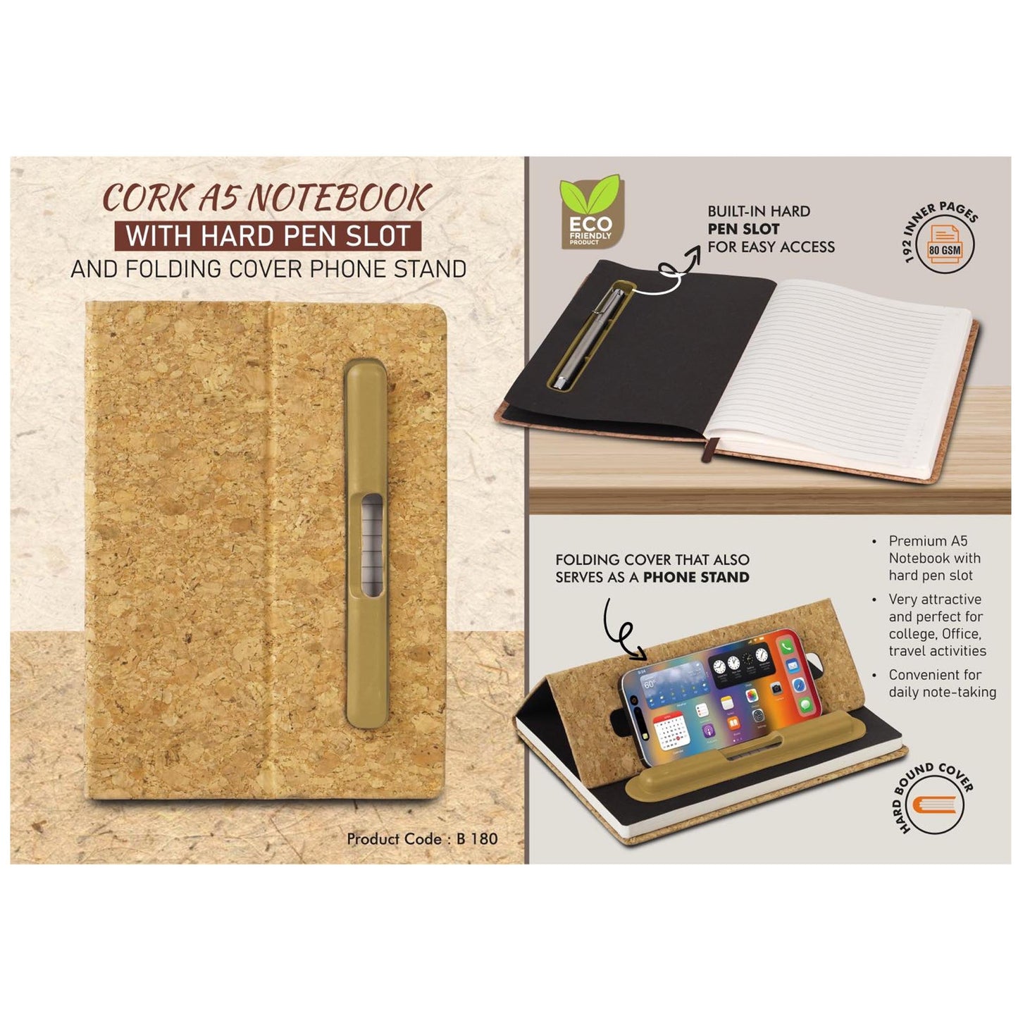 Cork A5 Notebook with Hard pen slot and Folding cover Phone Stand - B 180 MARSH Corporate gifts