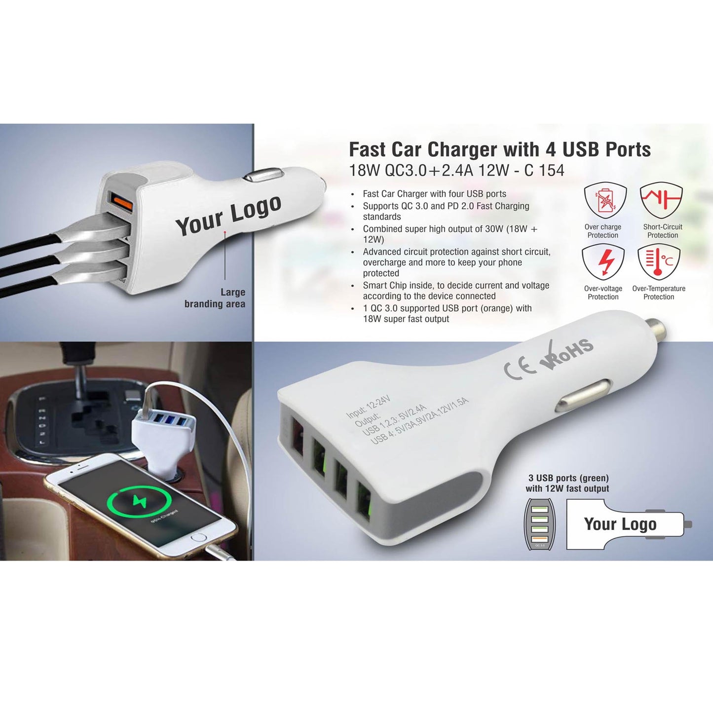 Fast car charger with 4 USB ports | 18W QC3.0+2. 4A 12W - C 154 MARSH Corporate gifts