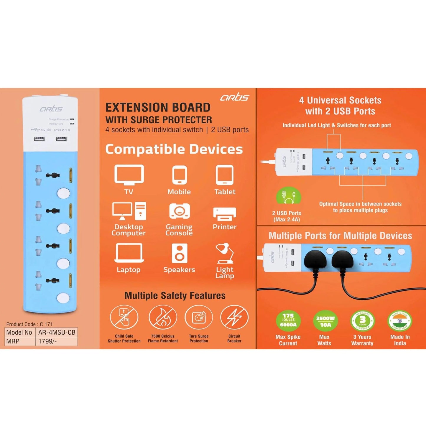 Ortis Extension board with surge protecter | 4 sockets with individual switch | 2 USB ports (AR- 4MSU-CB) - C 171 MARSH Corporate gifts