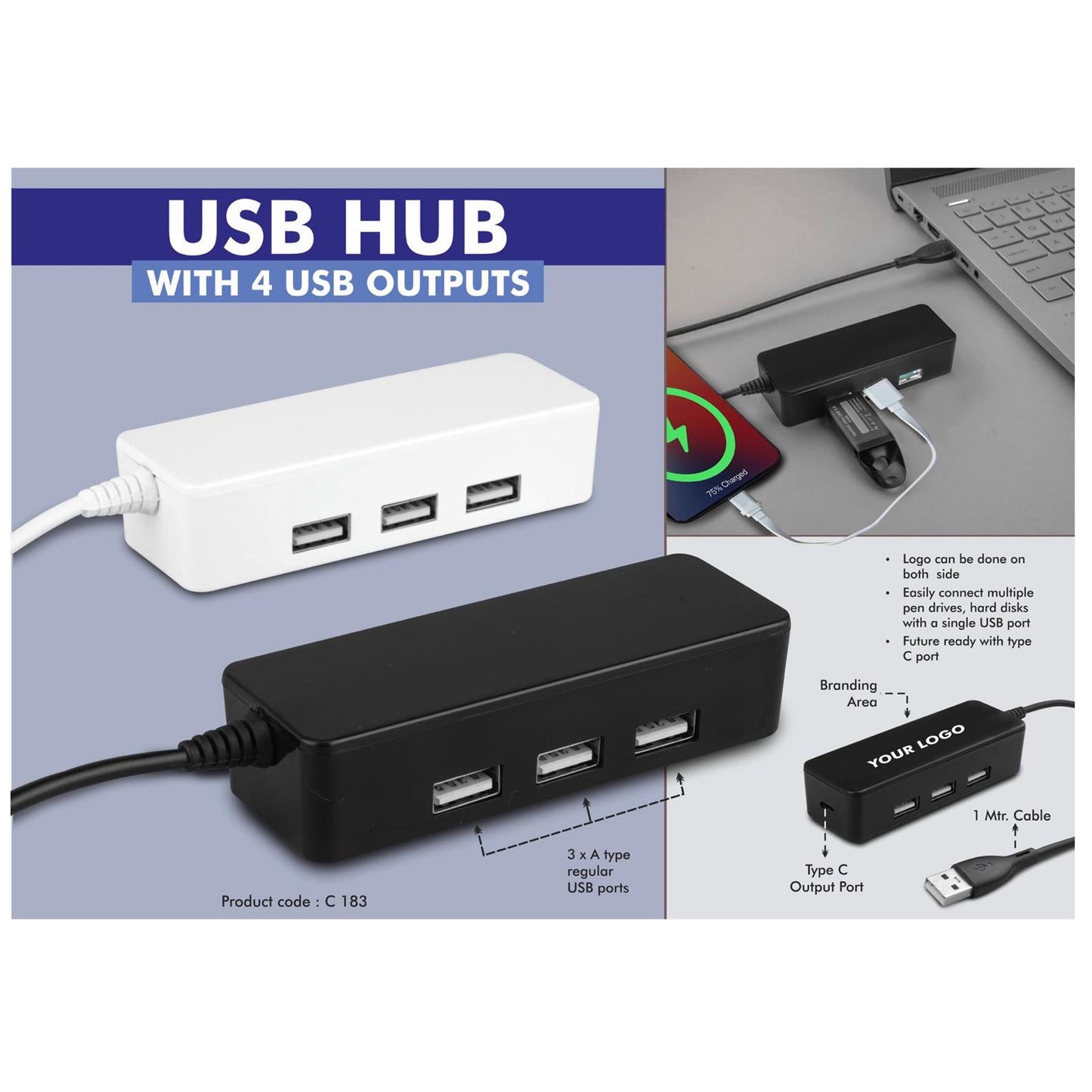 USB hub with 4 USB outputs | Type C output port | 1 mtr cable - C - 183 MARSH Corporate gifts