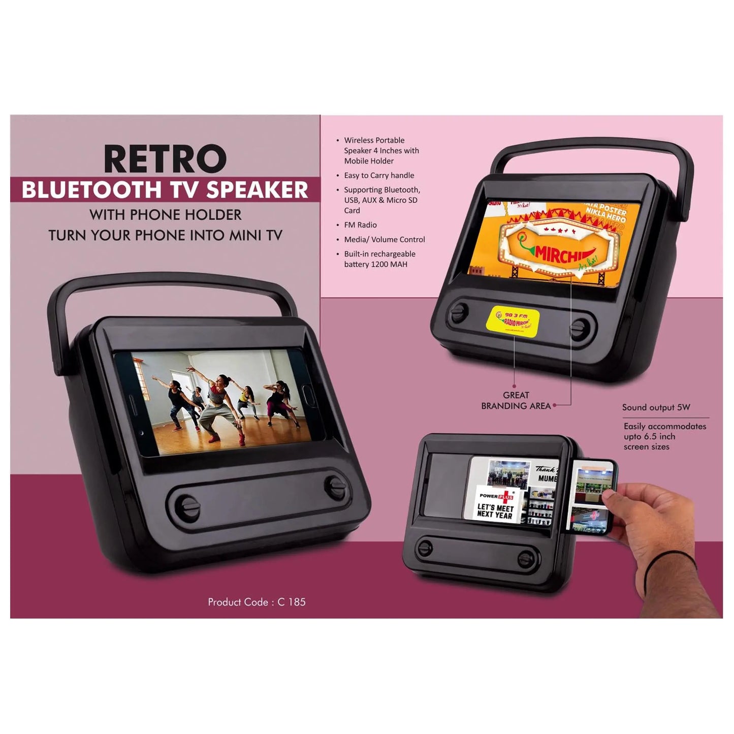 Retro Bluetooth TV Speaker with Phone holder | Turn your phone into mini TV - C - 185 MARSH Corporate gifts