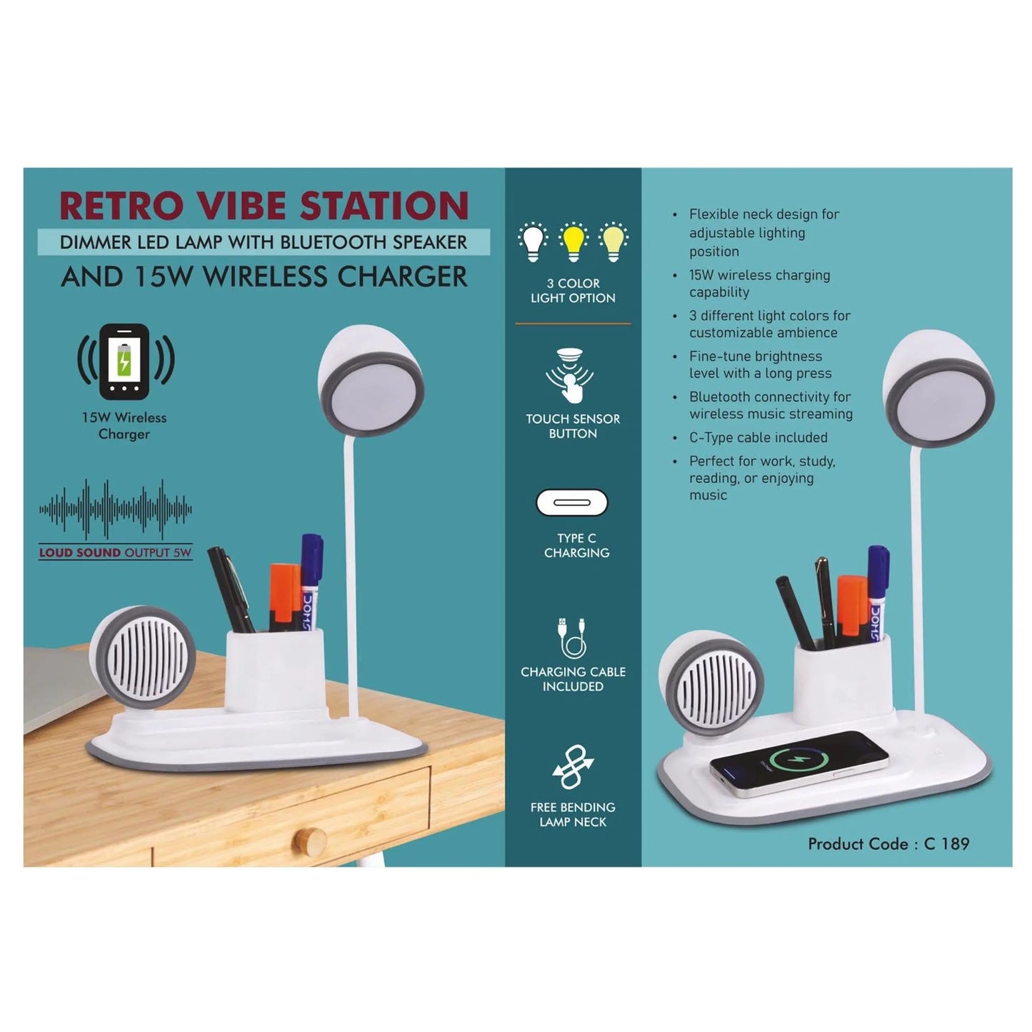 RetroVibe Station: Dimmer LED Lamp with Bluetooth speaker & 15W Wireless Charger - C - 189 MARSH Corporate gifts
