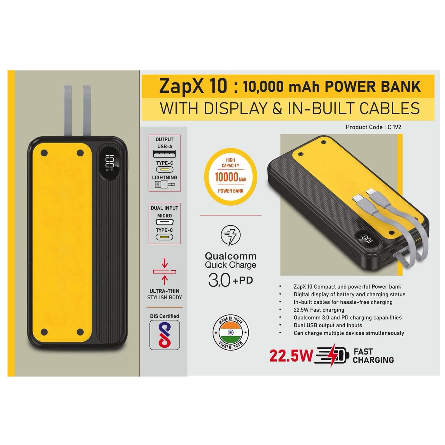 ZapX 10: 10,000 mAh Power bank with Display & In-Built Cables | 22.5W Fast charging | Supports Qualcomm 3.0 + PD charging | Dual USB output & inputs - C 192 MARSH Corporate gifts