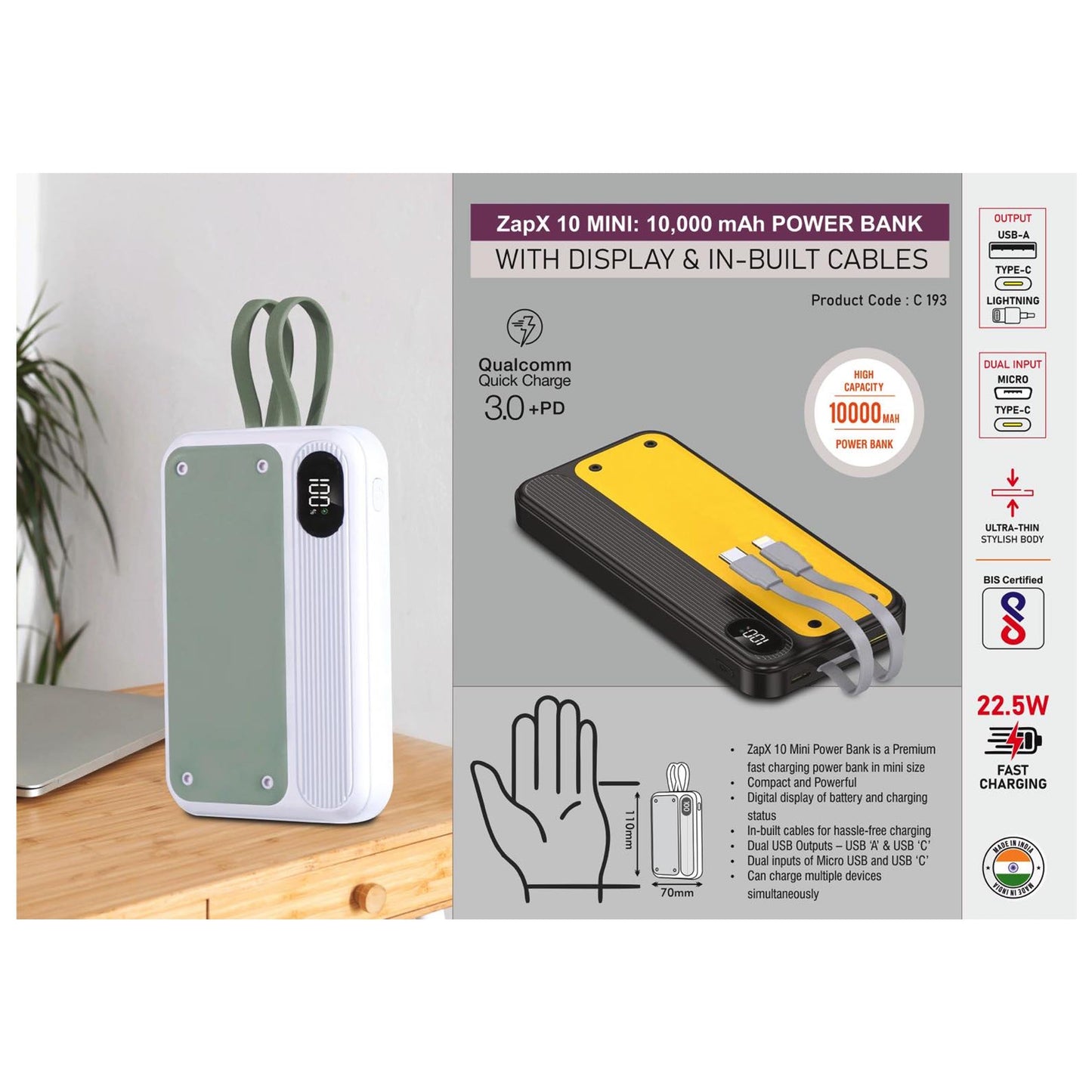 ZapX 10 Mini: 10,000 mAh Power bank with Display & In-Built Cables | 22.5W Fast charging | Supports Qualcomm 3.0 + PD charging | Dual USB output & inputs - C 193 MARSH Corporate gifts