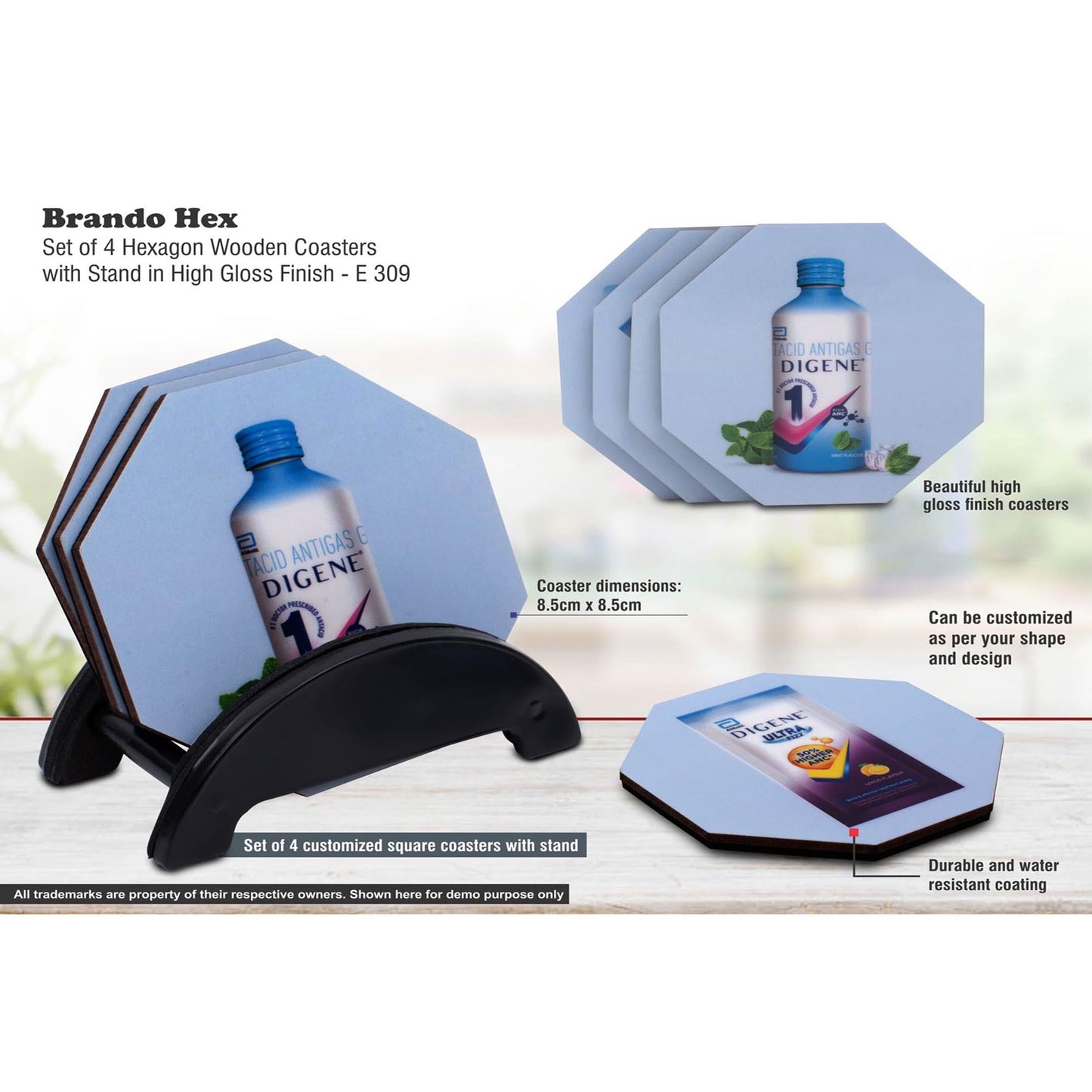 Brando Hex: Set of 4 Hexagon Wooden coasters with Stand in High Gloss Finish | MOQ 100 pcs - E 309 MARSH Corporate gifts