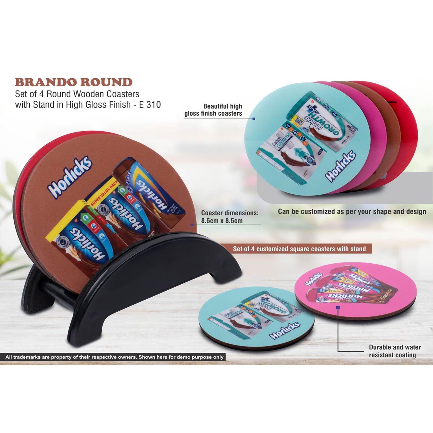 Brando Round: Set of 4 Round Wooden coasters with Stand in High Gloss Finish | MOQ 100 pcs - E 310 MARSH Corporate gifts