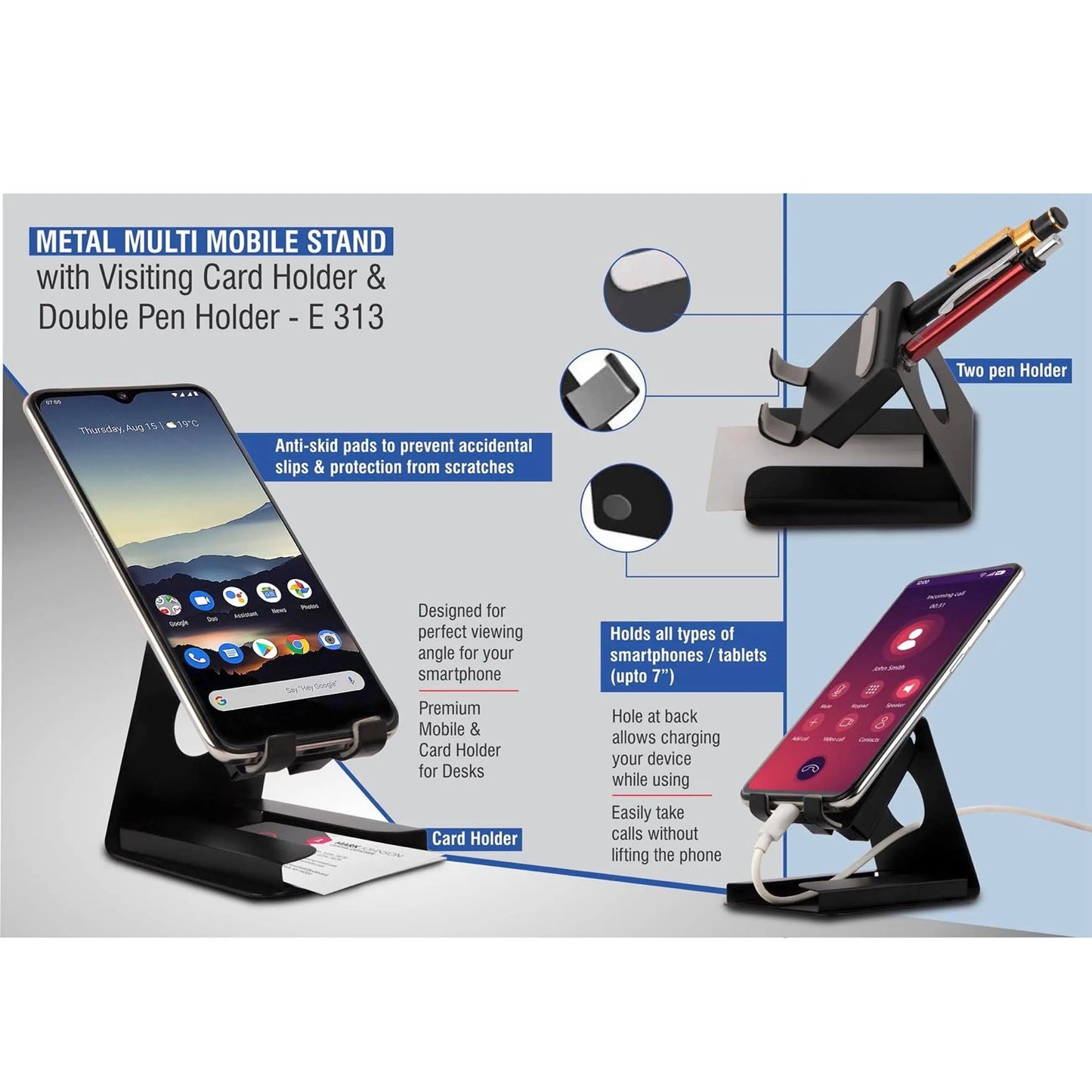 Metal multi mobile stand with Visiting card holder and double pen holder - E 313 MARSH Corporate gifts