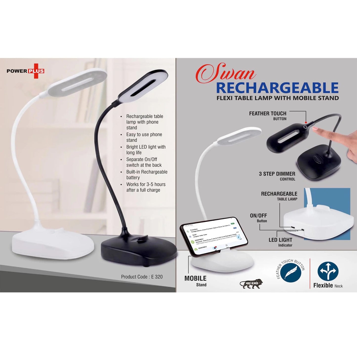 Rechargeable Flexi table lamp with Mobile stand | 3 step dimmer control | Feather Touch button - - E 320 MARSH Corporate gifts