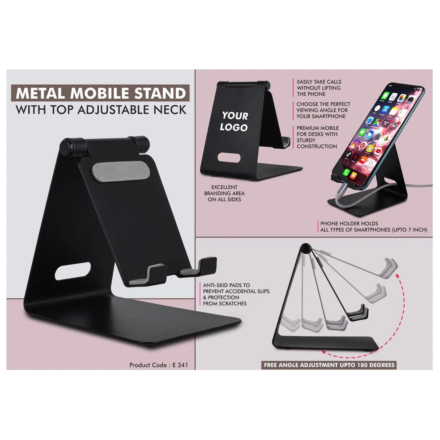Metal mobile stand with top adjustable neck | Oval cable slot - E 341 MARSH Corporate gifts