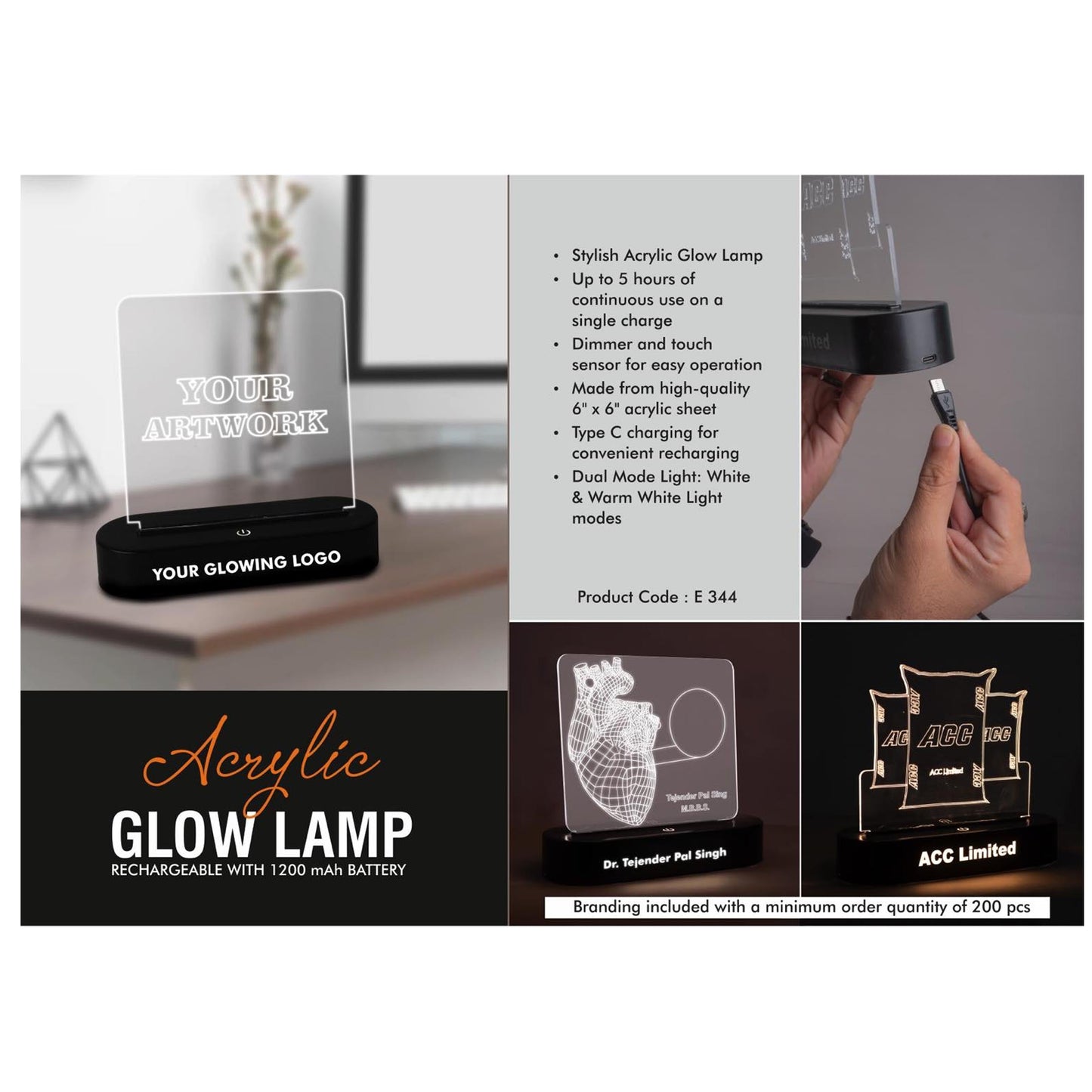 Acrylic Glow Lamp - Rechargeable| 1200 mAh battery| White & Warm white light| Dimmer & Touch Sensor| 6 x 6" Acrylic sheet| Type C charging - E 344 MARSH Corporate gifts