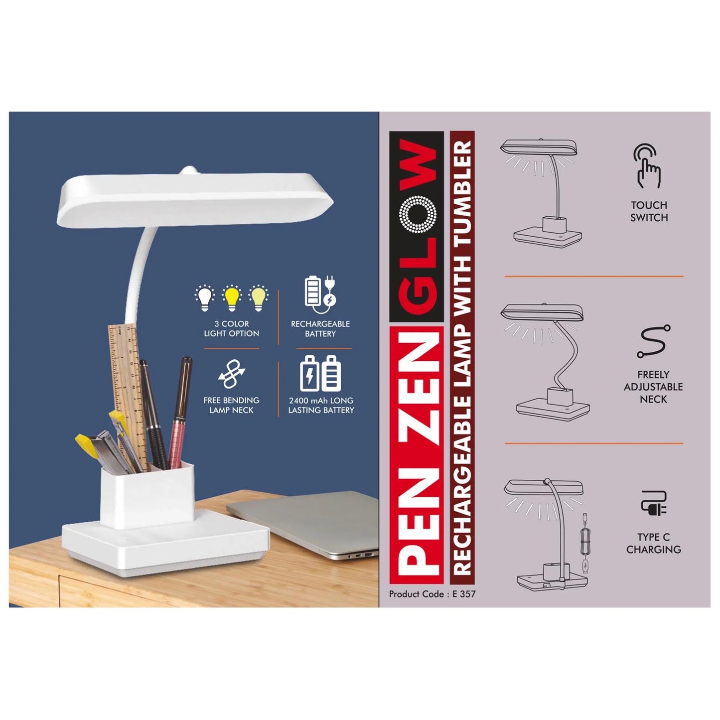 PenZen Glow: Rechargeable lamp with tumbler | 3 color light | Double battery | Side light adds to appearance - E 357 MARSH Corporate gifts