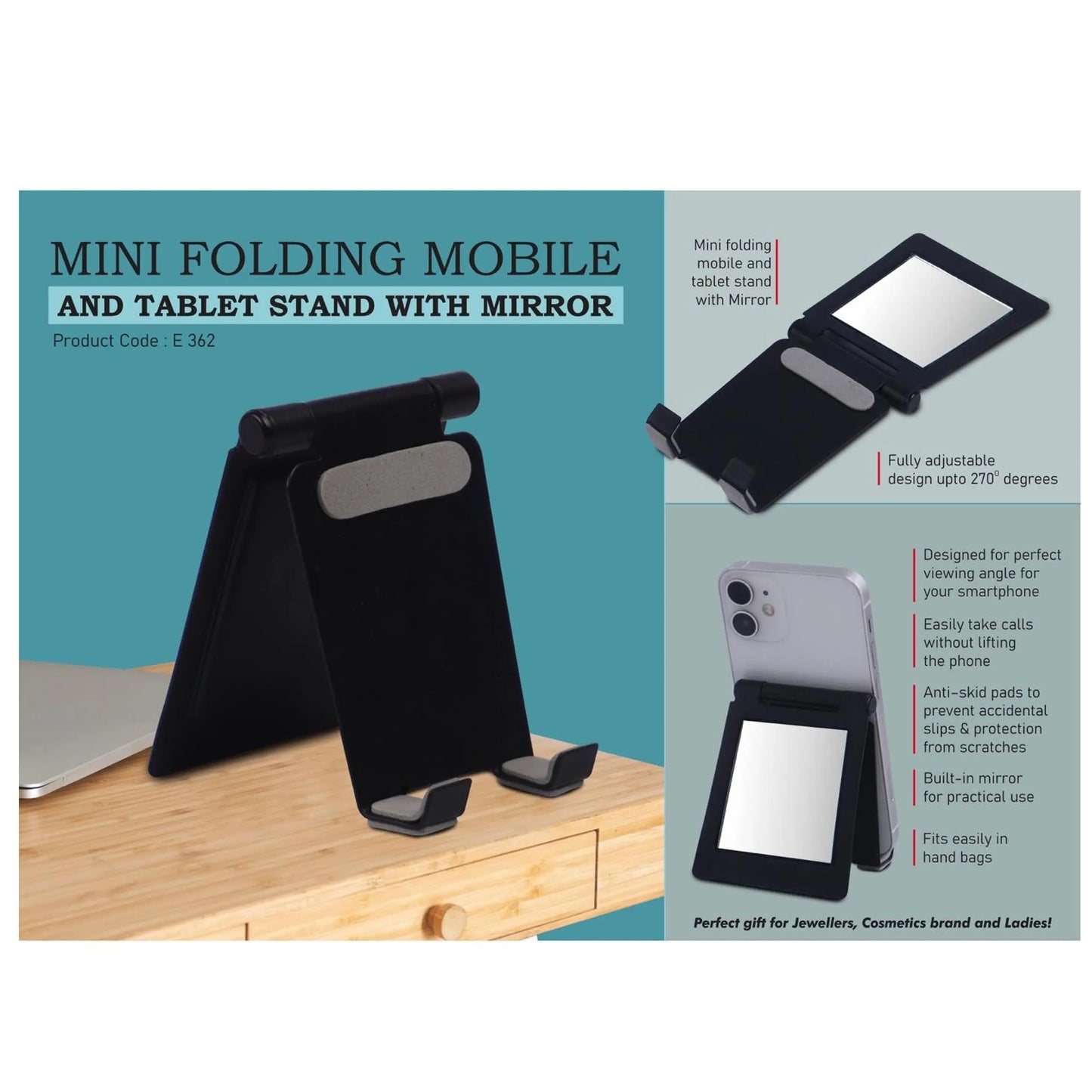 Mini metal folding mobile and tablet stand with Mirror | Adjustable to any desired angle - E 362 MARSH Corporate gifts