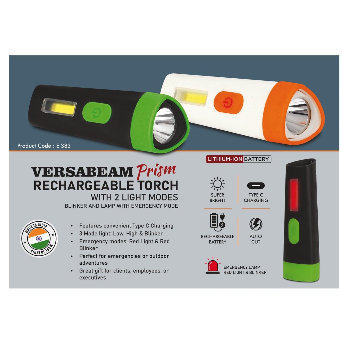 VersaBeam Prism: Rechargeable Torch with 2 light modes, Blinker and Lamp with Emergency mode | Type C Charging - E 383 MARSH Corporate gifts