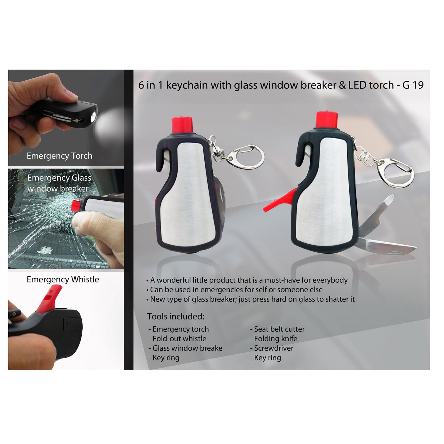 6 in 1 keychain with glass window breaker & LED torch - G 19 MARSH Corporate gifts