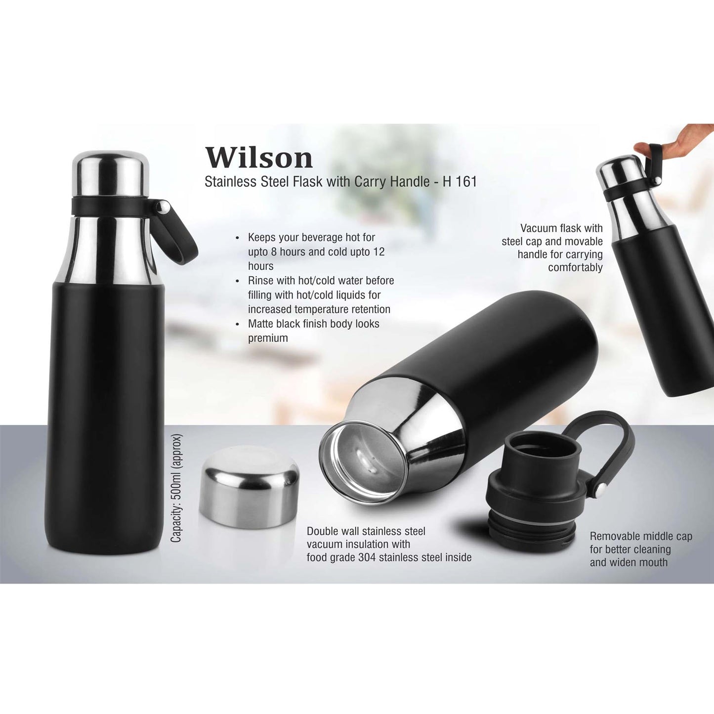 Wilson: Stainless steel flask with carry handle (500 ml) - H 161 MARSH Stationery