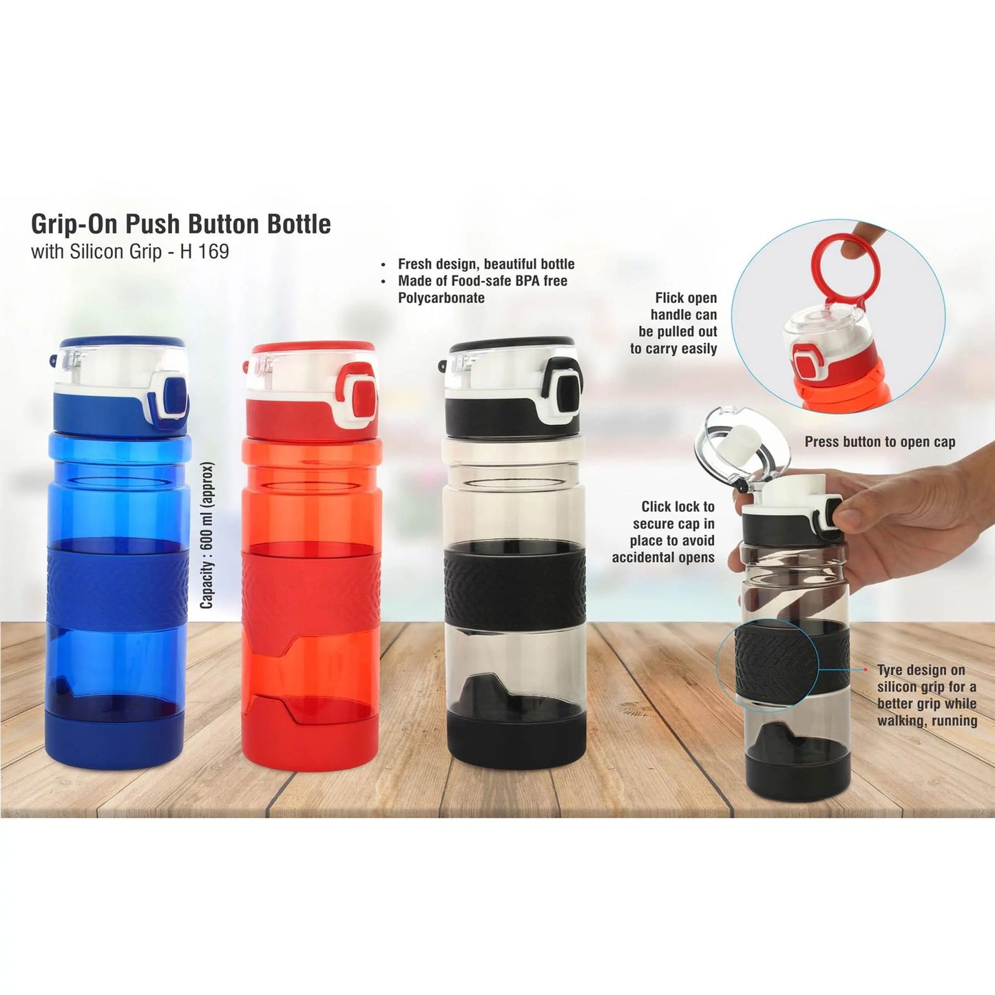 Grip-On: Push button bottle with silicon grip (600ml approx) | Made from Tritan | BPA free - H 169 MARSH Stationery