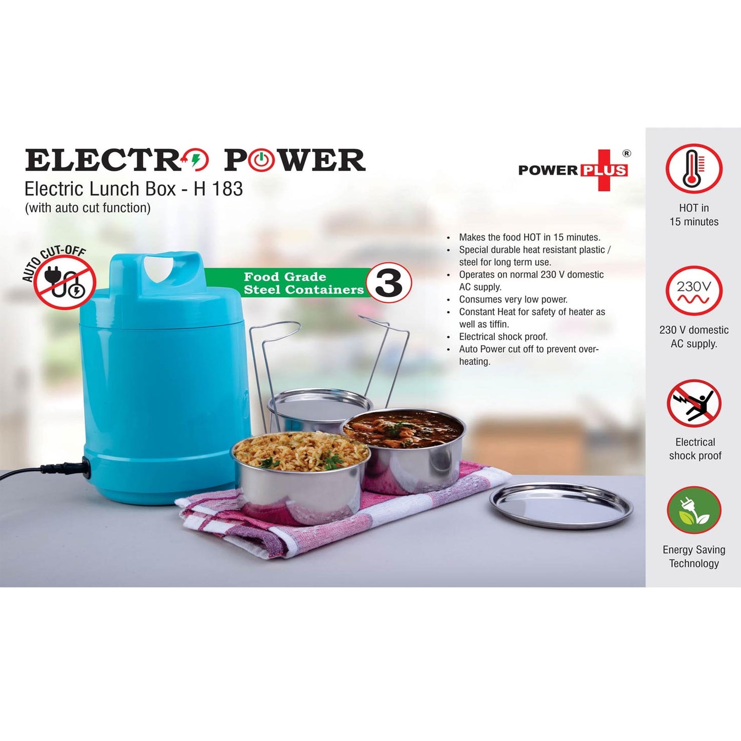 Electro Steel: 3 container electric steel lunch box with Auto cut function - H 183 MARSH Stationery