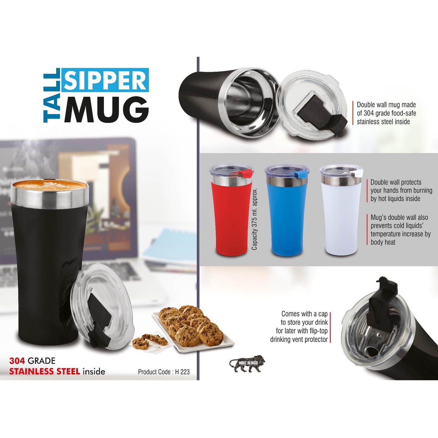 Tall Sipper mug | 304 grade Stainless steel inside | Capacity 400ml approx - H 223 MARSH Stationery