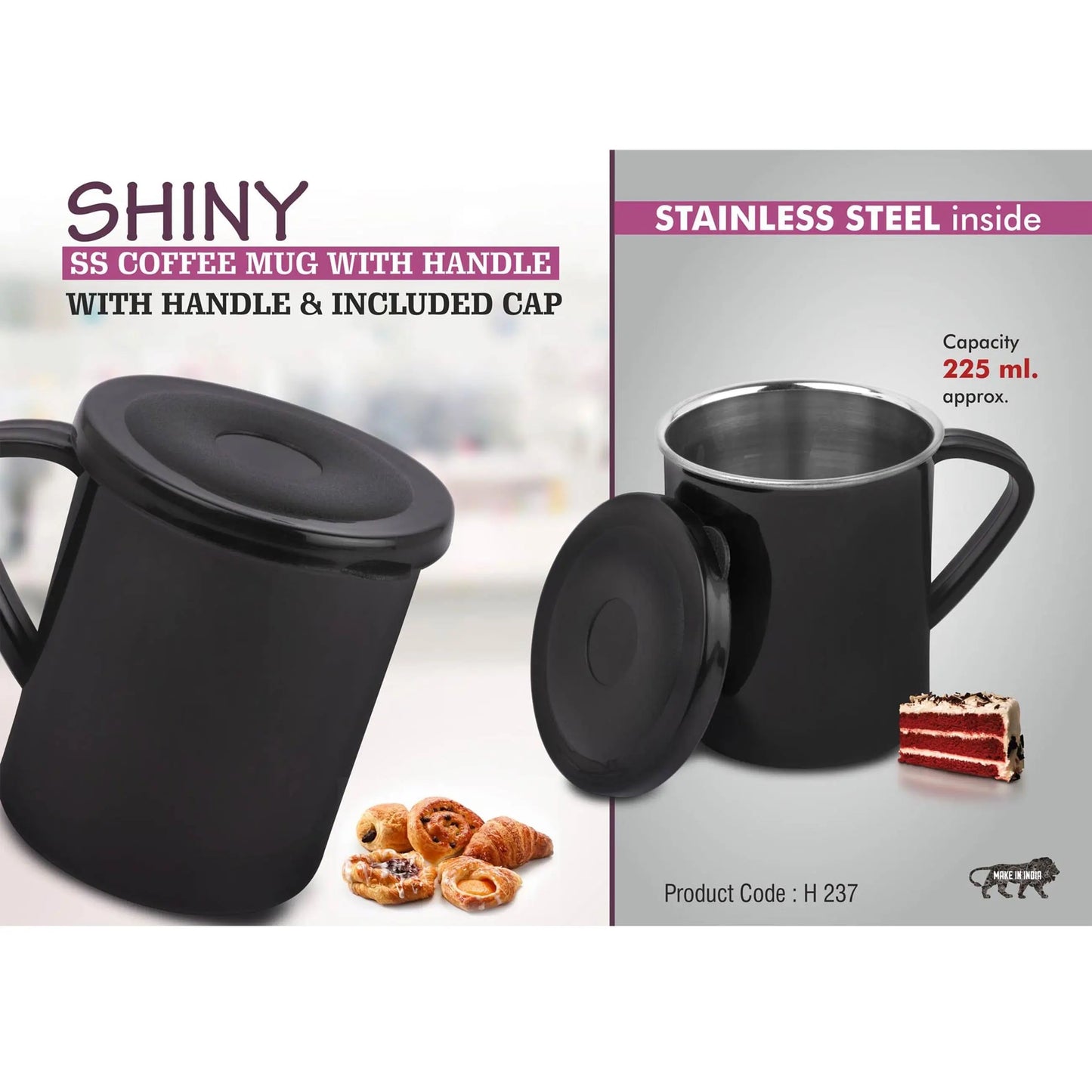 Shiny SS Coffee mug with handle | Cap included | Capacity 225ml approx - H 237 MARSH Stationery