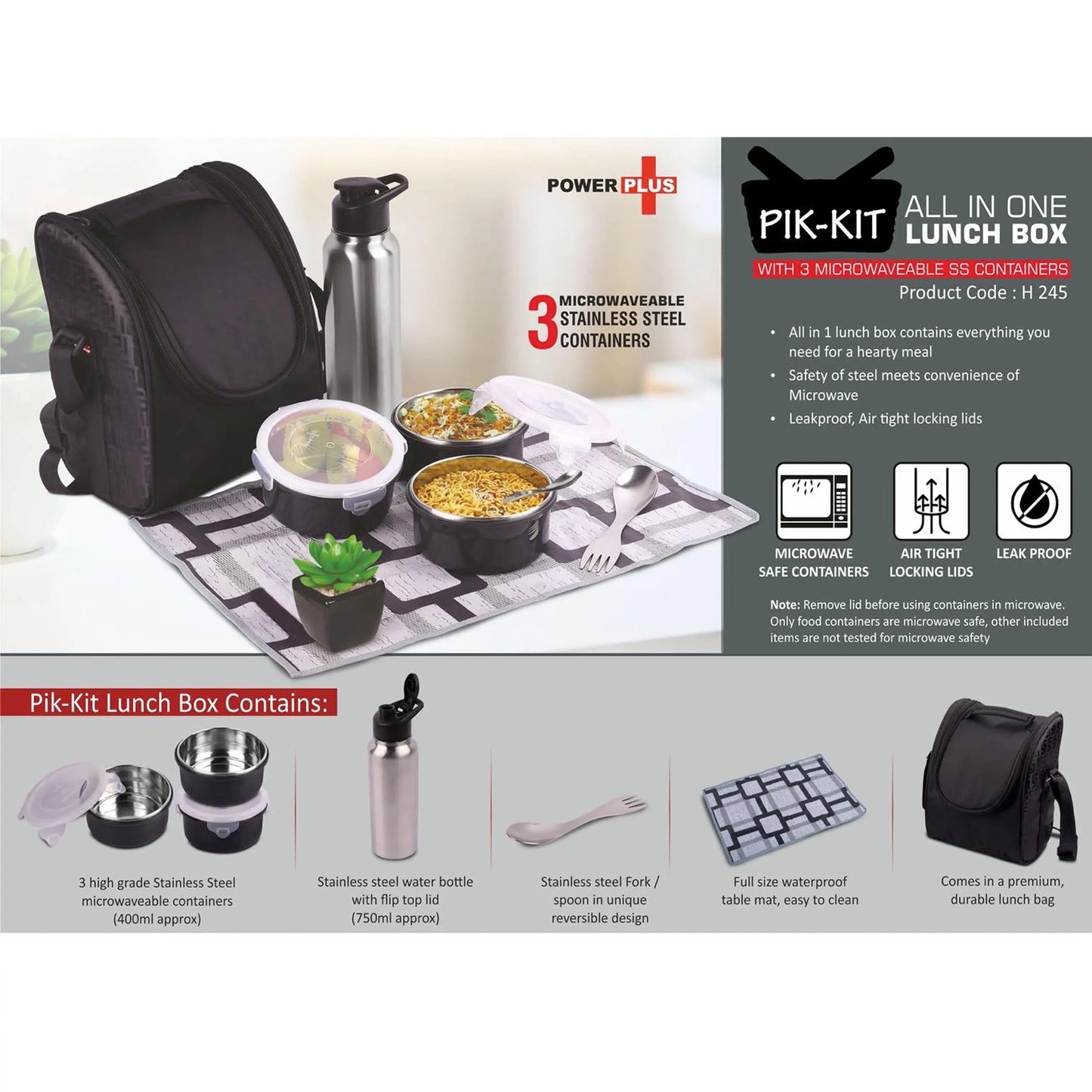PIK-KIT: All in 1 Lunch box with 3 Microwaveable SS containers | Contains SS bottle, Fork, Spoon, Tablemat, Premium Bag - H 245 MARSH Stationery