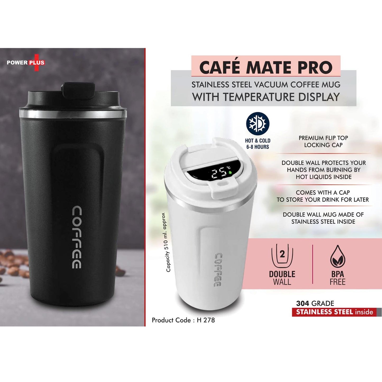 Cafe Mate Pro: Stainless Steel Vacuum coffee mug with Temperature Display | Premium Flip top locking cap | Capacity 510ml approx - H 278 MARSH Stationery