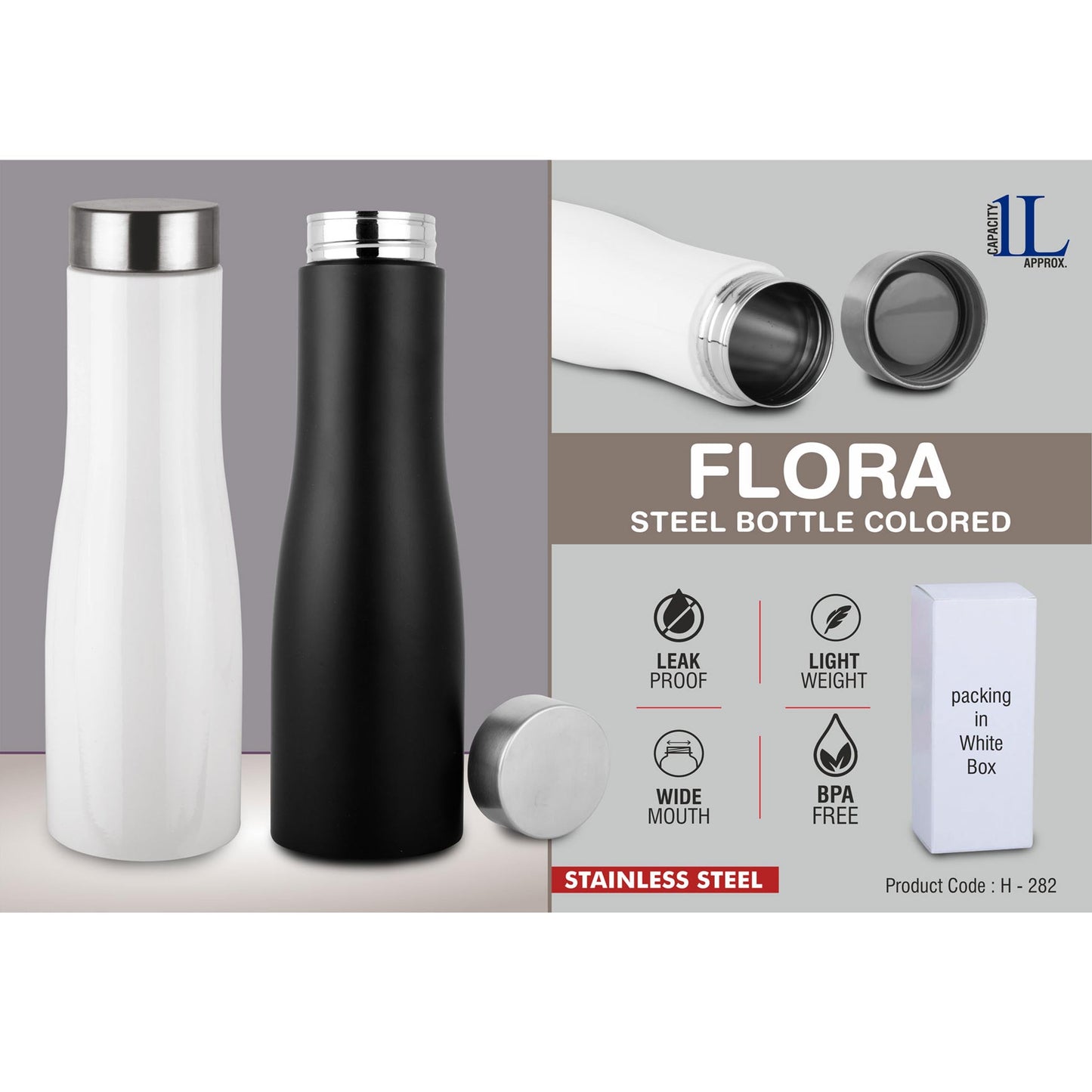 Flora Steel bottle Colored | Capacity 1L approx - H 282 MARSH Stationery