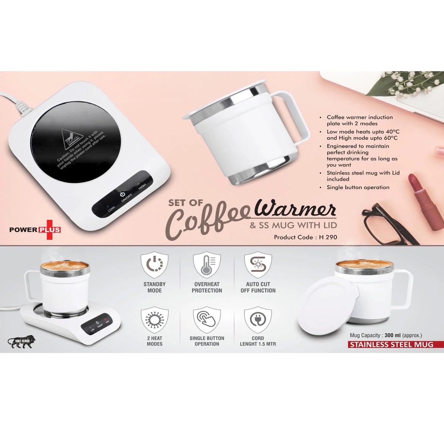 Set of Coffee warmer & SS Mug with Lid | Auto Cut off & Overheat Protection | 2 heat modes - H 290 MARSH Stationery