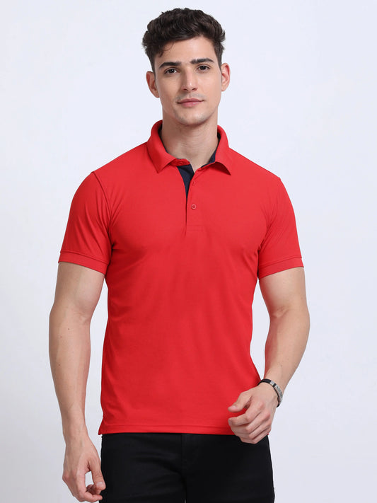 Man wearing a plain red polo t-shirt, short sleeves, business casual apparel