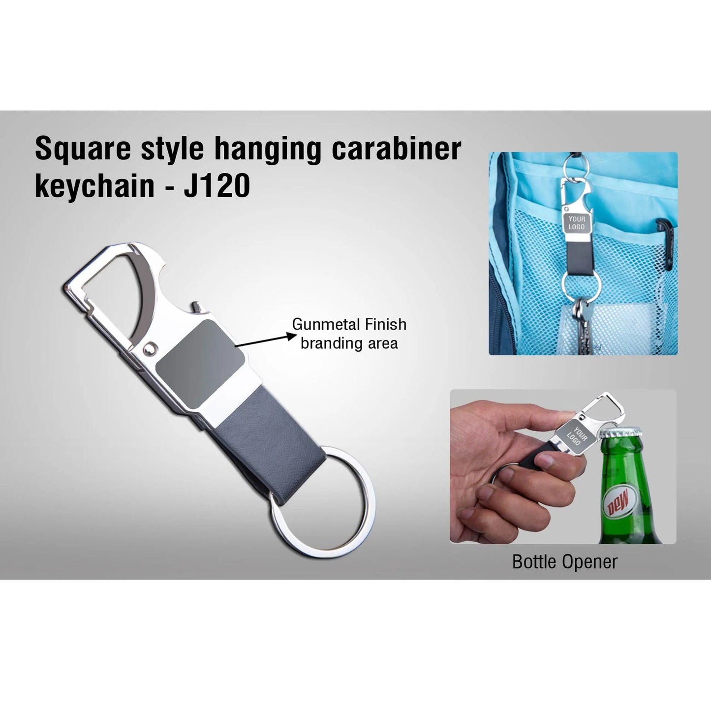 Rectangle hanging metal keychain with Bottle Opener | Black PU strap - J 120 MARSH Corporate gifts