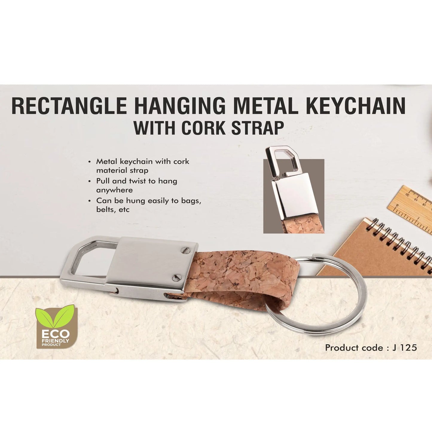 Rectangle hanging metal keychain with Cork strap - J 125 MARSH Corporate gifts