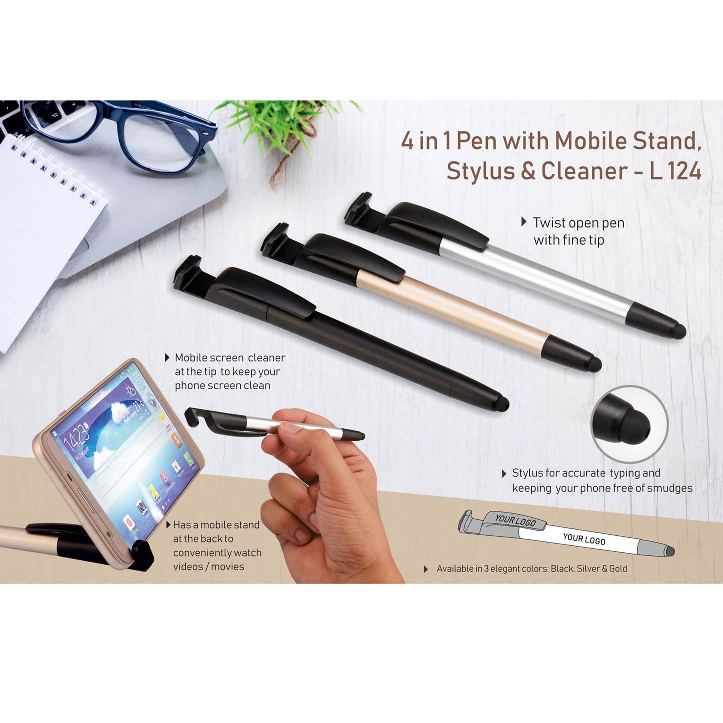 4 in 1 pen with mobile stand, stylus and cleaner - L 124 MARSH Corporate gifts