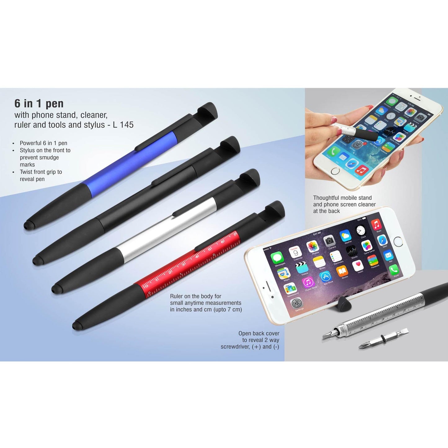 6 in 1 pen with phone stand, cleaner, ruler and tools and stylus - L 145