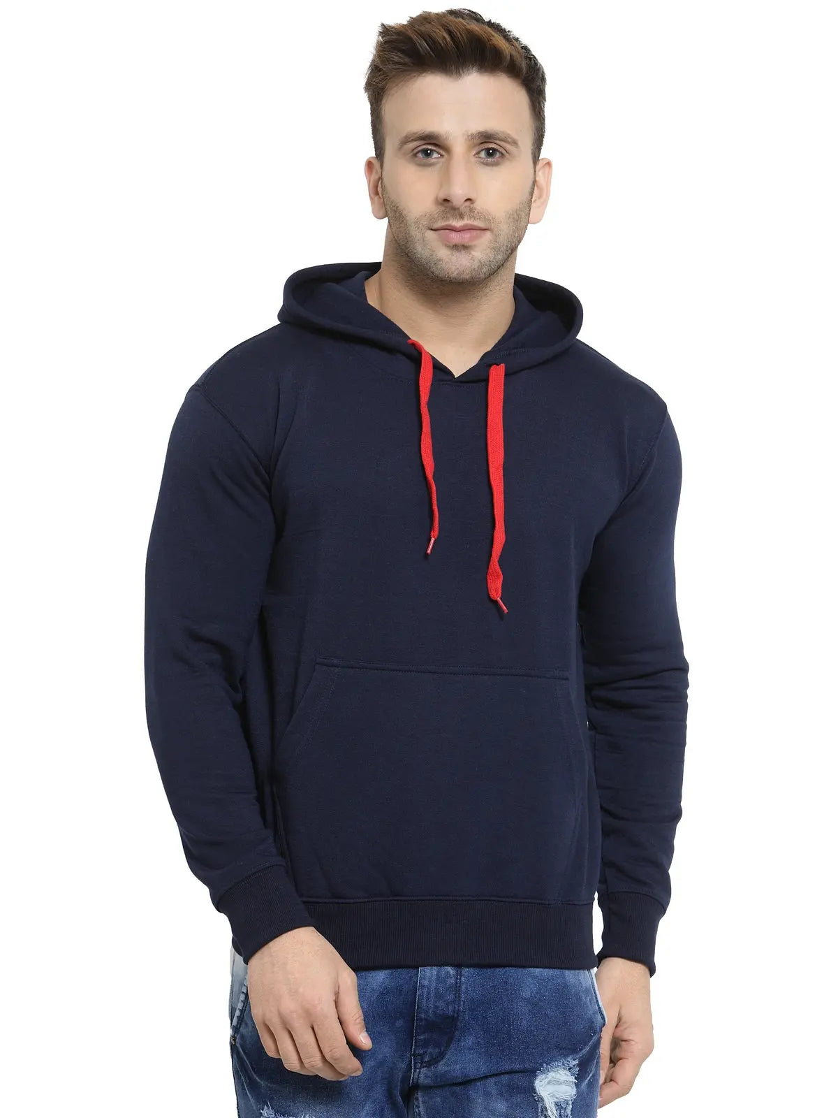 Man wearing navy blue hoodie with red drawstrings and front pocket, paired with blue jeans