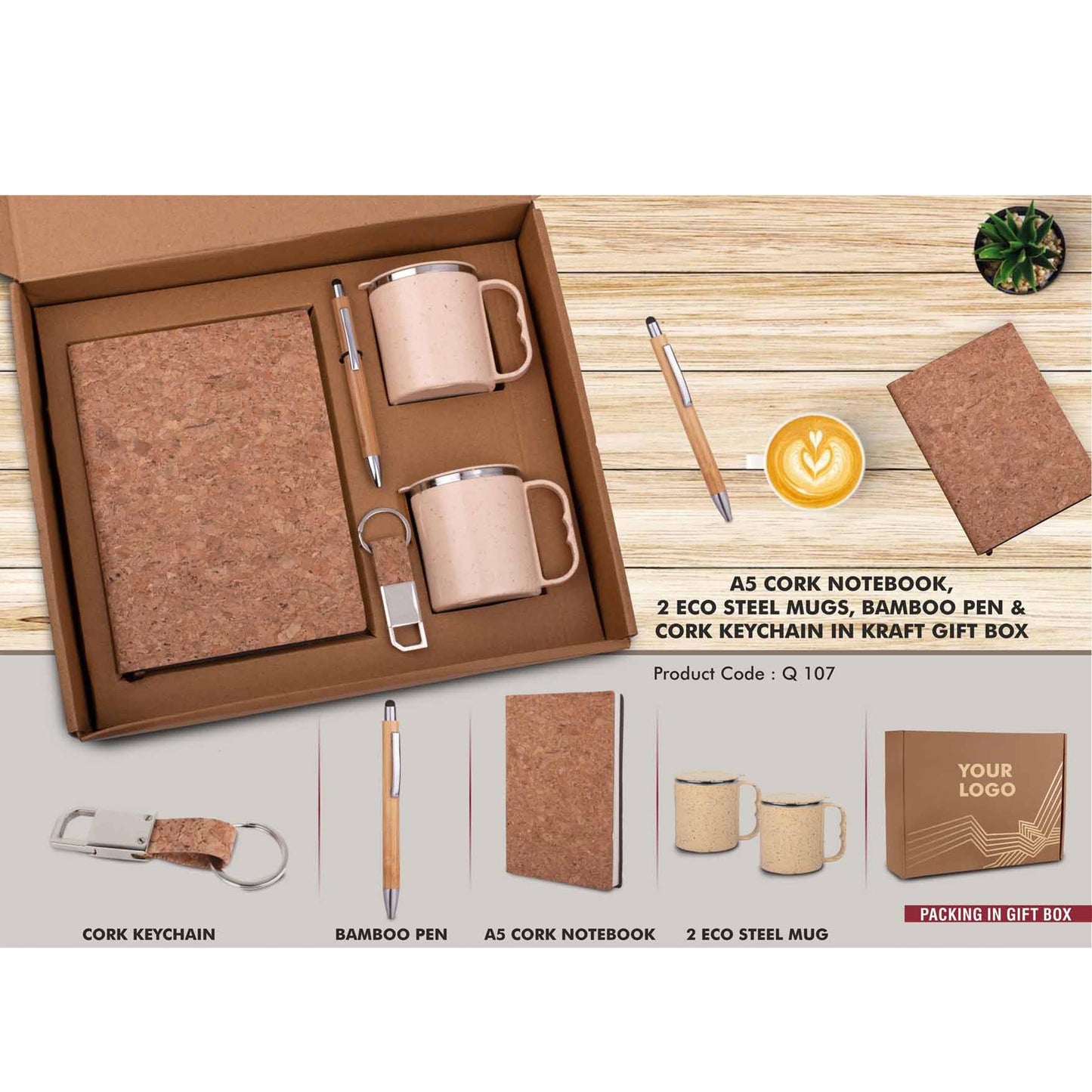 EcoSet Set of A5 Cork notebook, 2 Eco Steel mugs, Bamboo Pen & Cork Keychain in Kraft Gift Box - Q 107 MARSH Corporate gifts