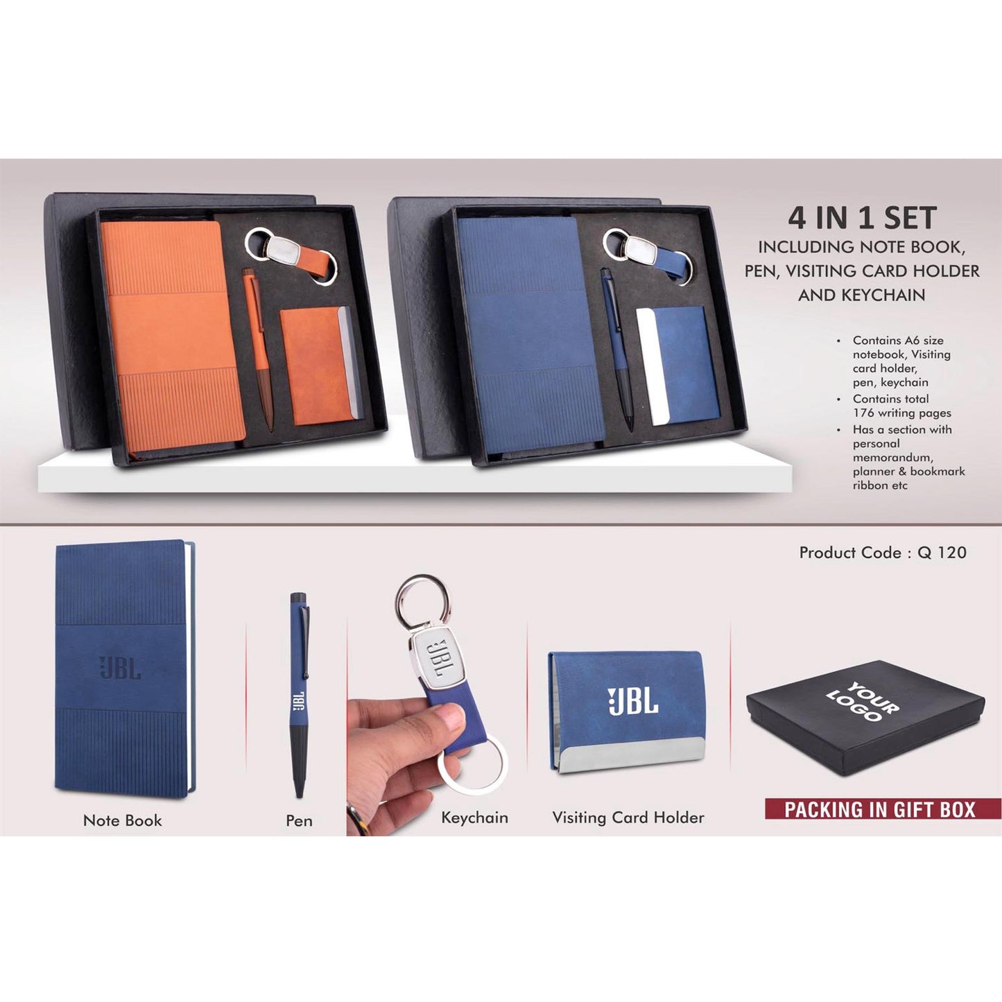 4 pc Notebook Set: A6 size notebook, Metal Pen, Loop Keychain & Visiting card holder in Gift box - Q 120 MARSH Corporate gifts
