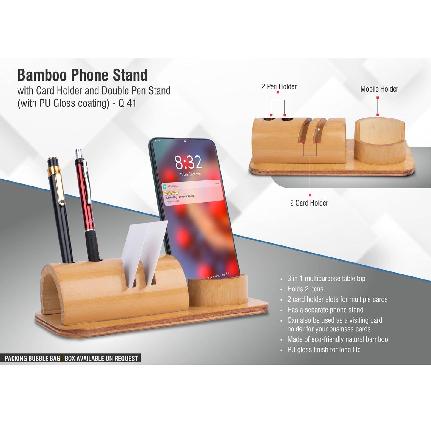 Bamboo phone stand with card holder and double pen stand (with PU Gloss coating) - Q 41 MARSH Corporate gifts