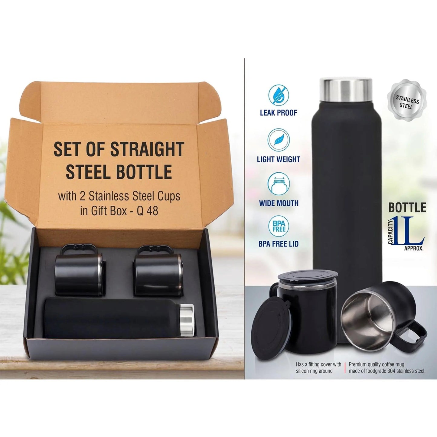 Set of Black Stainless Steel Bottle with 2 Stainless steel cups in Gift box | Bottle capacity 1L approx - Q 48 MARSH Corporate gifts