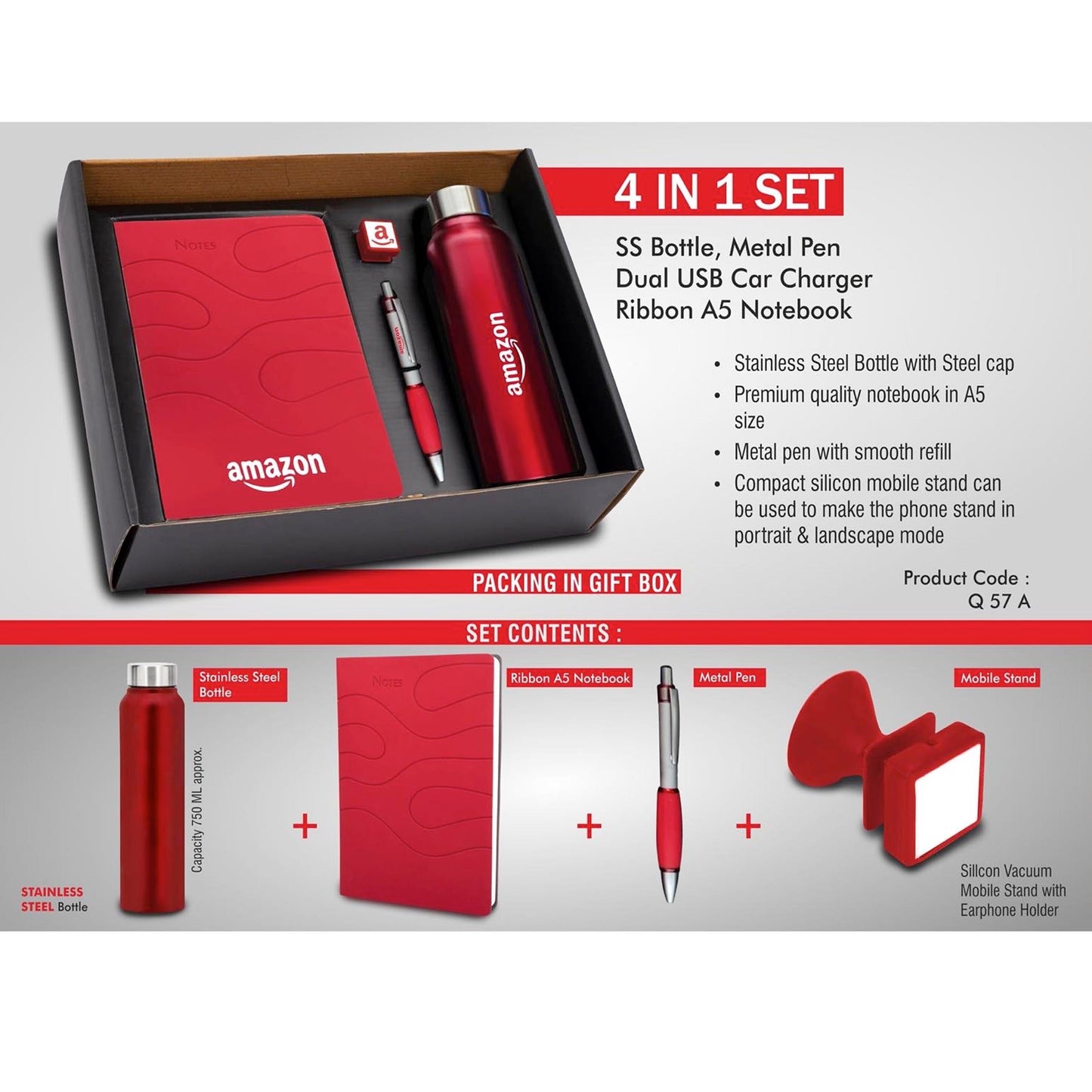 4 in 1 set: Steel bottle, Metal pen, Silicon mobile stand, Ribbon PU notebook - Q 57A MARSH Corporate gifts