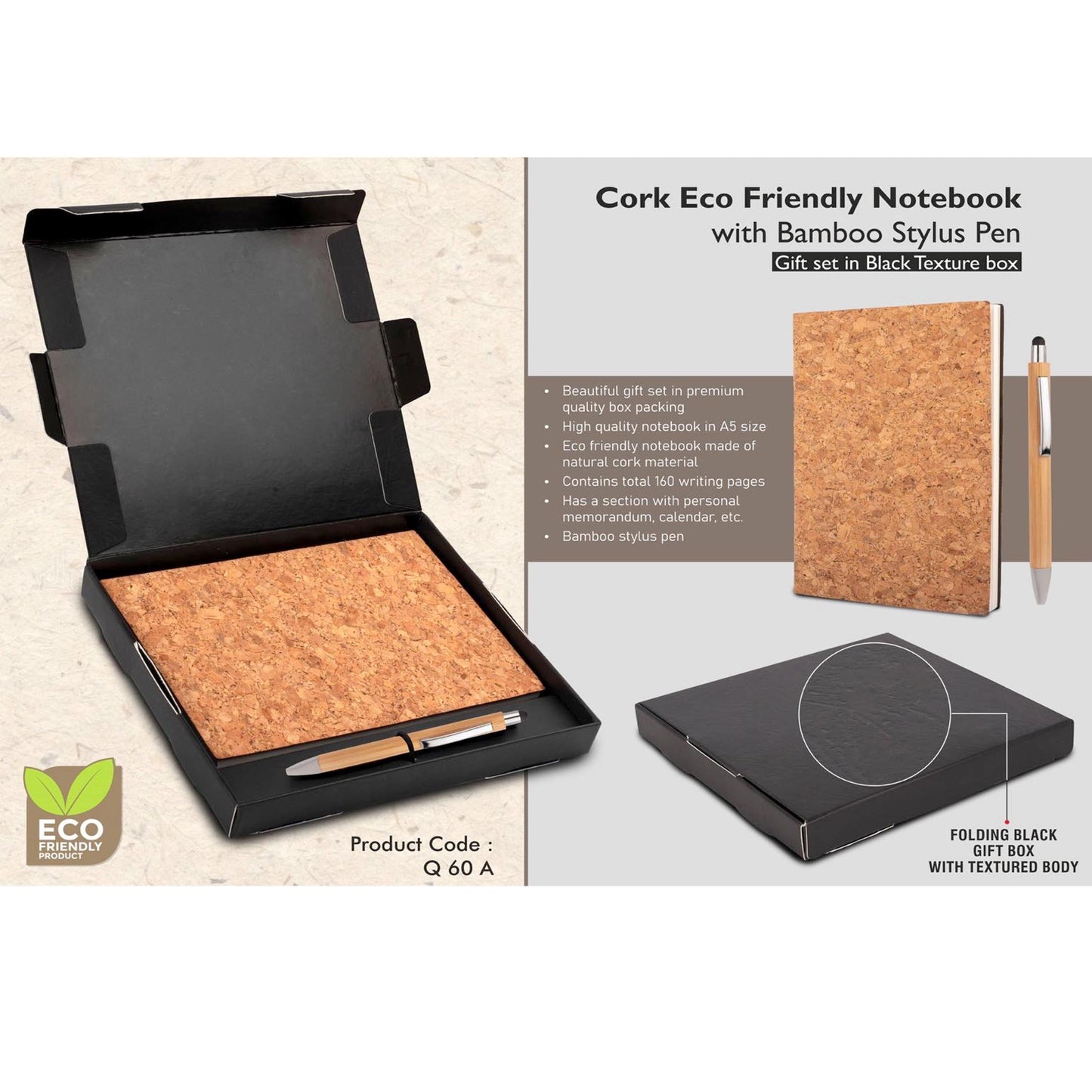 Cork Notebook with Bamboo Stylus pen | Gift set in Black Texture box - Q 60A MARSH Corporate gifts